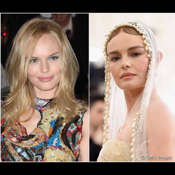 Maquiagem de Kate Bosworth: no MET Gala de 2008, a atriz apostou no delineado azul bem chamativo, enquanto na edição de 2018, fez uma make com sombras claras (Foto: Getty Images)